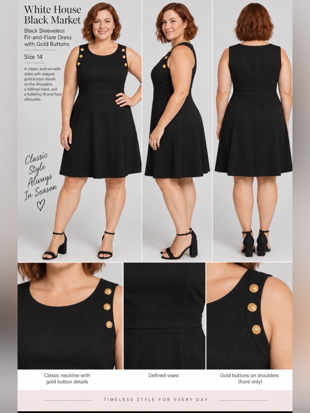 White House Black Market Black Sleeveless Fit-and-Flare Dress with Gold Buttons